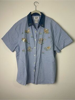 Vintage solutions Blouse Top Button down Size XL women’s Embroidery Cats plaid